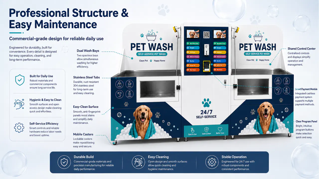 Commercial dual-tub pet wash machine with shared controls, stainless-steel tubs, and locking casters