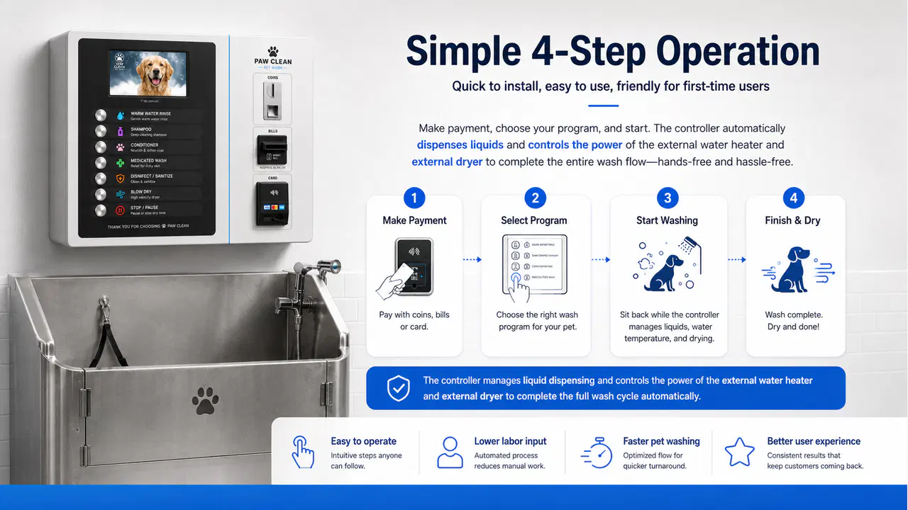 Wall-mounted pet wash controller presenting wash, care, drying, and pause functions
