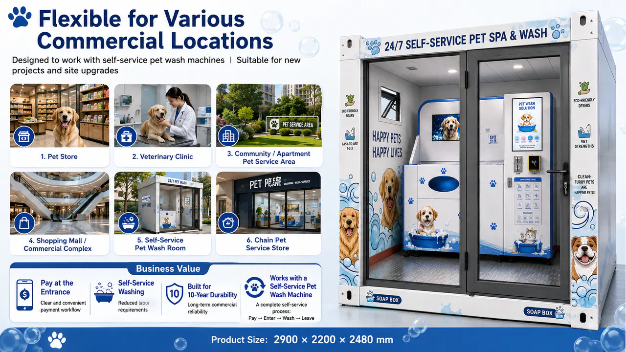 Self-service pet wash room applications across pet stores, clinics, communities, malls, and chain locations