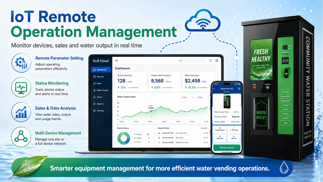 Illustrated IoT dashboard and mobile interface for remote water vending machine management