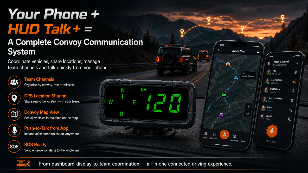 HUD Talk+ with companion phone app showing convoy map, team channels, location sharing, and push-to-talk