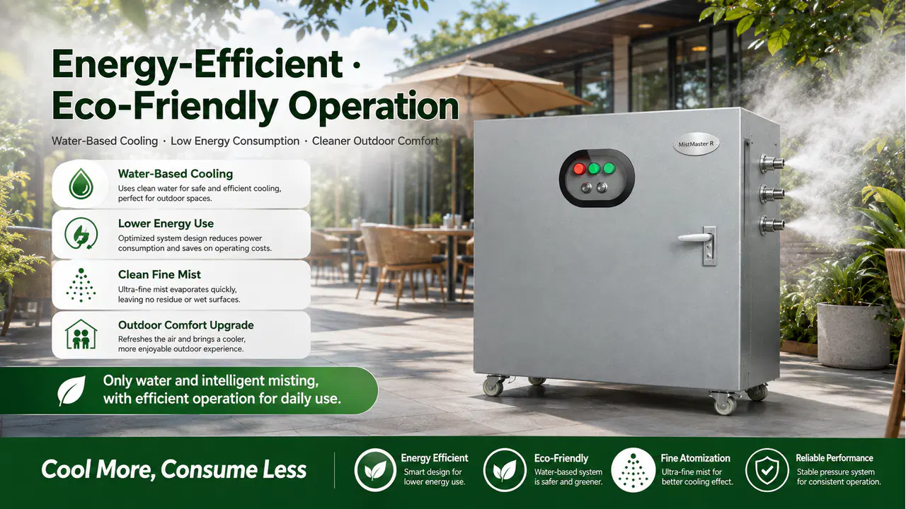 High-pressure water-misting machine operating beside an outdoor cafe for cooling and comfort