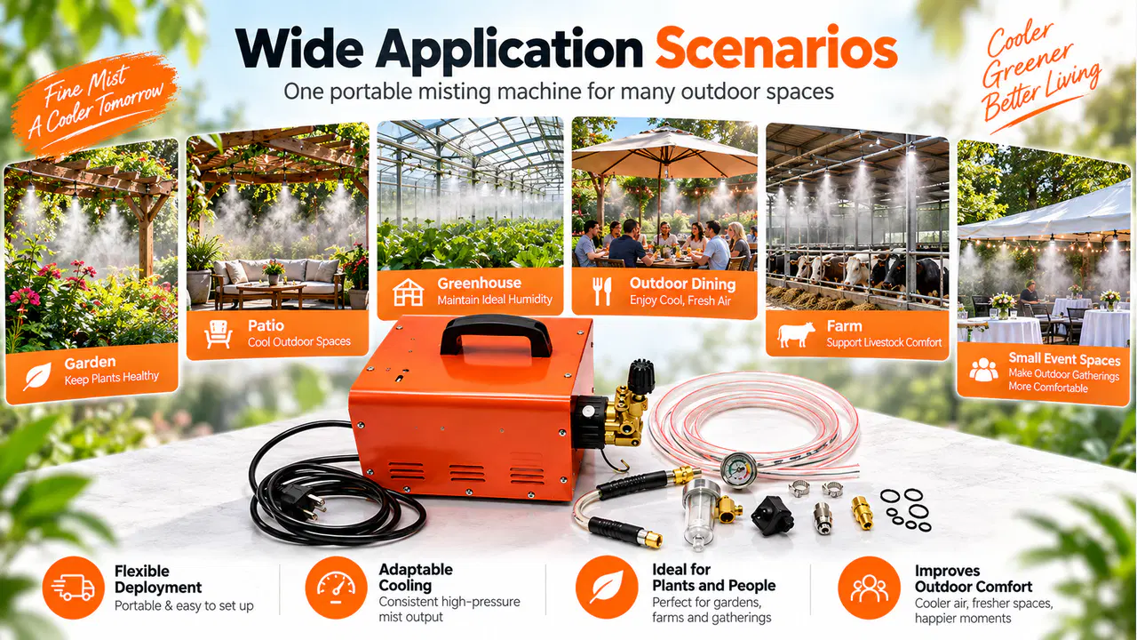 Portable misting system supporting a garden patio cooling layout