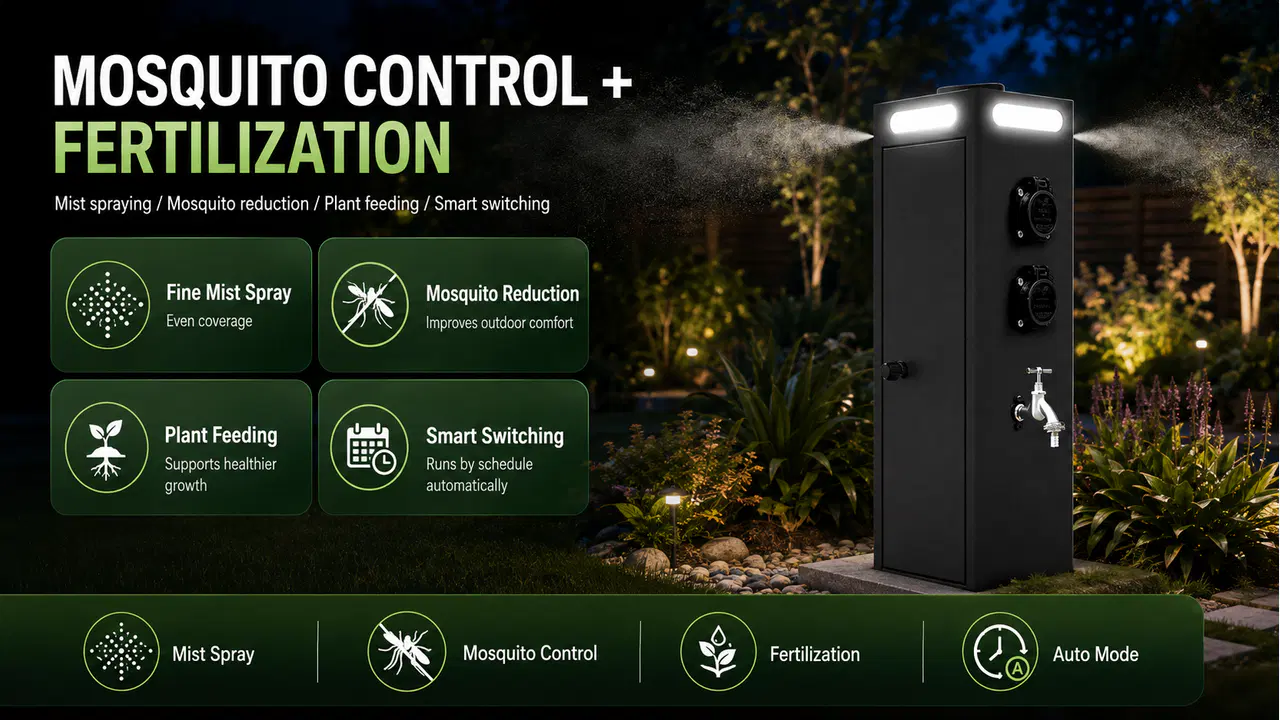 Outdoor utility post applying a fine mist in a landscaped garden for a configured mosquito-control or plant program