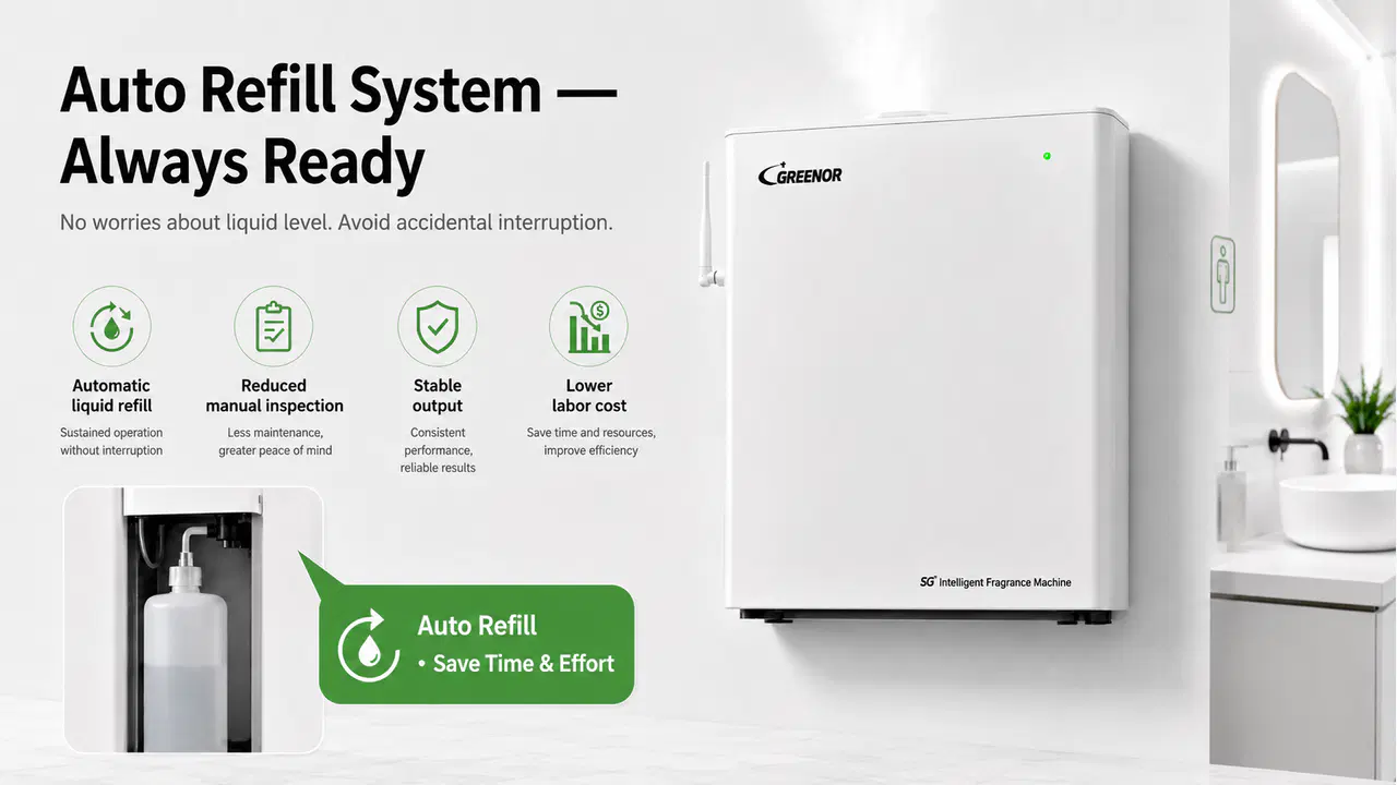 Wall-mounted air deodorizer with concealed liquid bottle and automatic refill system