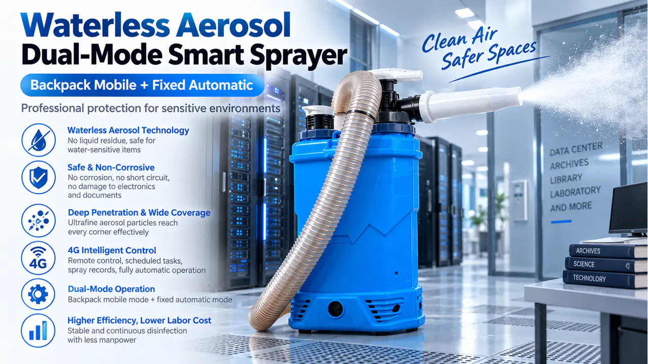 Waterless aerosol sprayer used by a trained operator in a server room