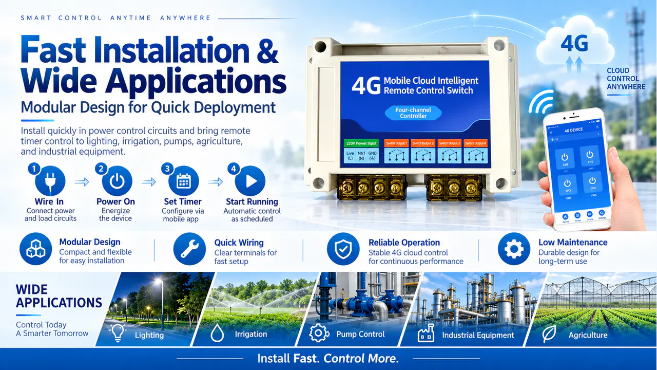 4G timer power switch shown with app, cloud dashboard and optional LoRa network