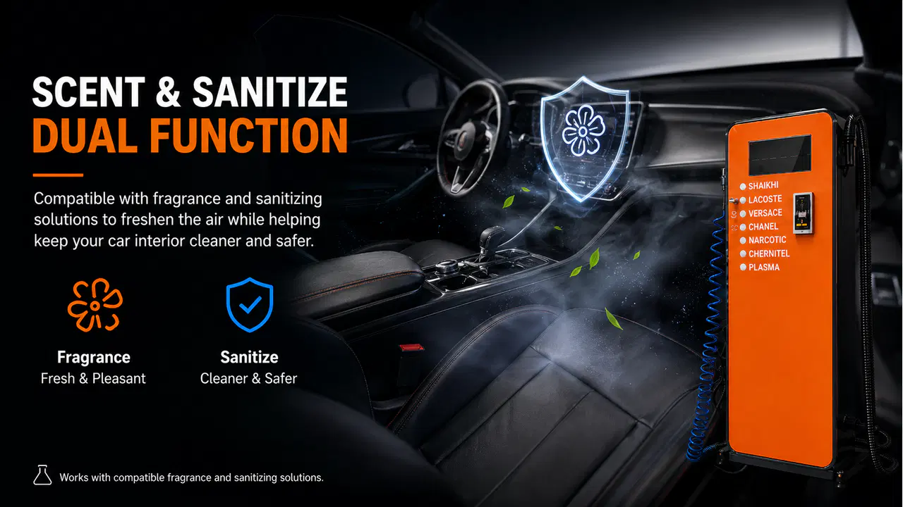 Dual fragrance and sanitizing functions for vehicle-interior care