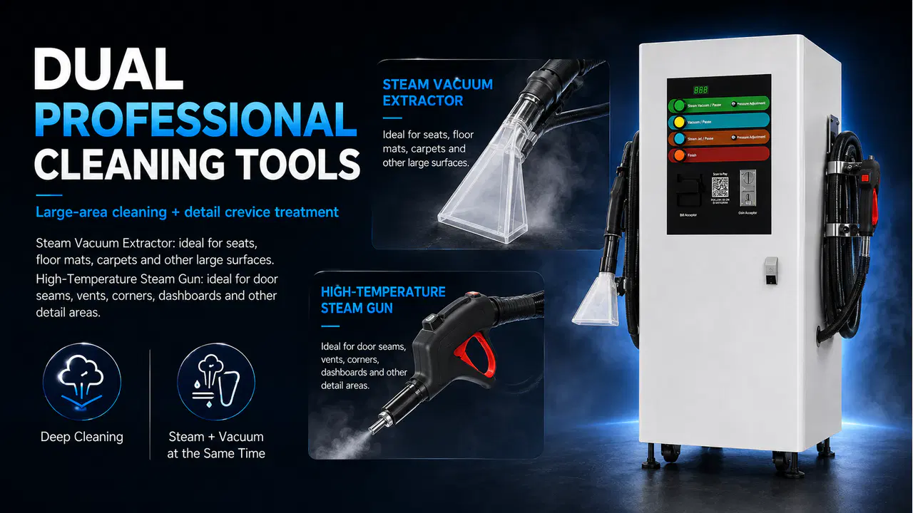 Steam vacuum extractor and high-temperature steam gun supplied with the machine