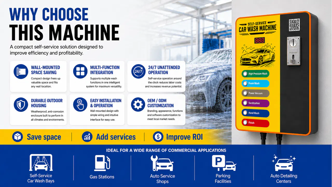Compact wall-mounted self-service car wash control cabinet
