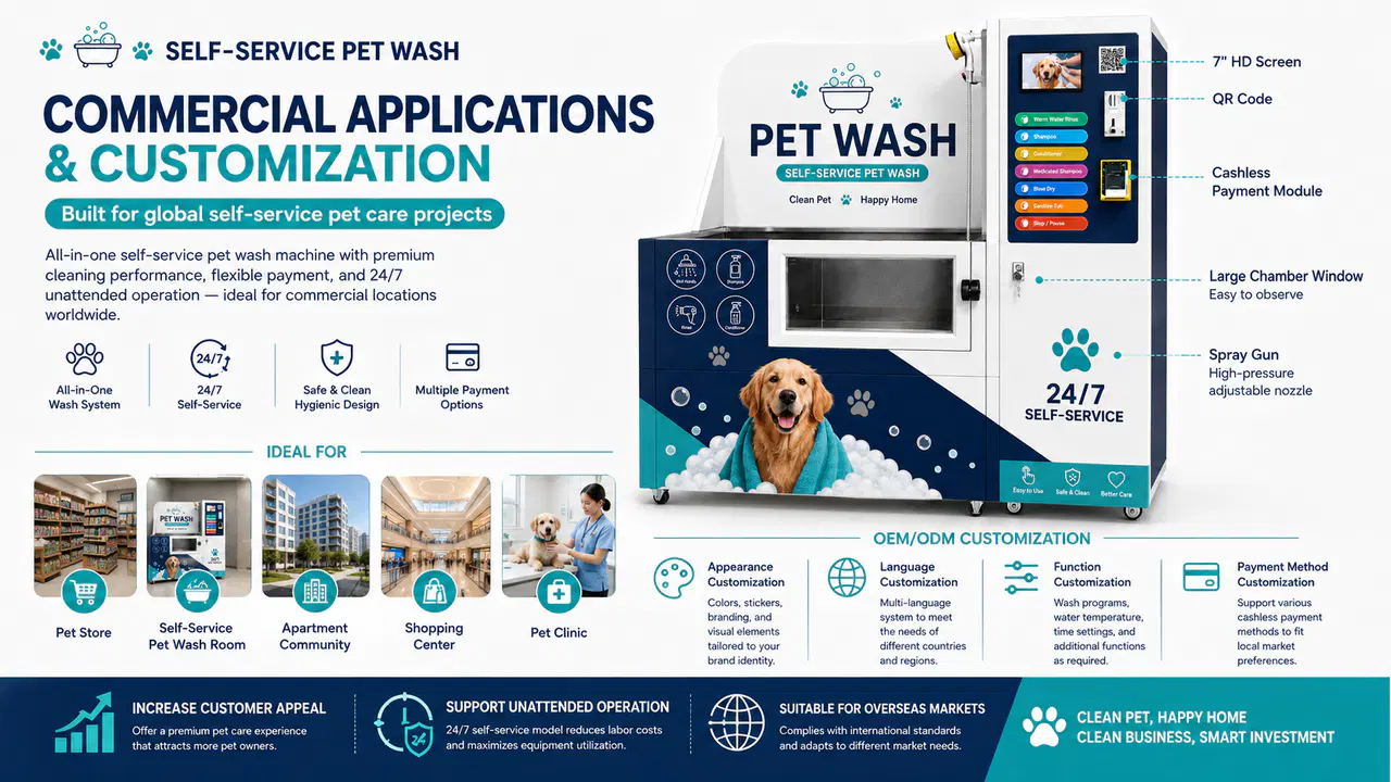 Customizable all-in-one self-service pet wash machine for stores, communities, malls, wash rooms, and clinics