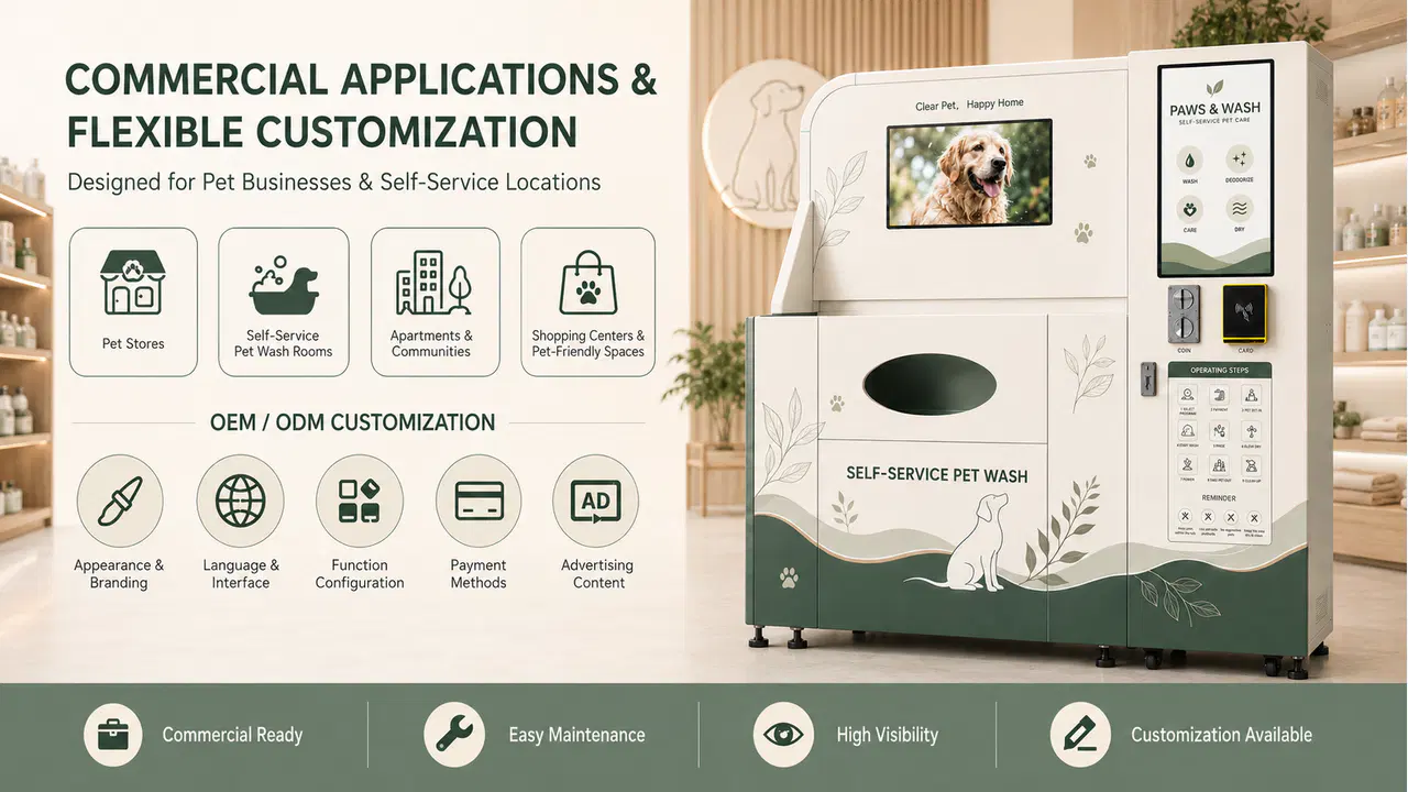 Customizable dual-screen pet wash station for pet stores, communities, wash rooms, and shopping centers