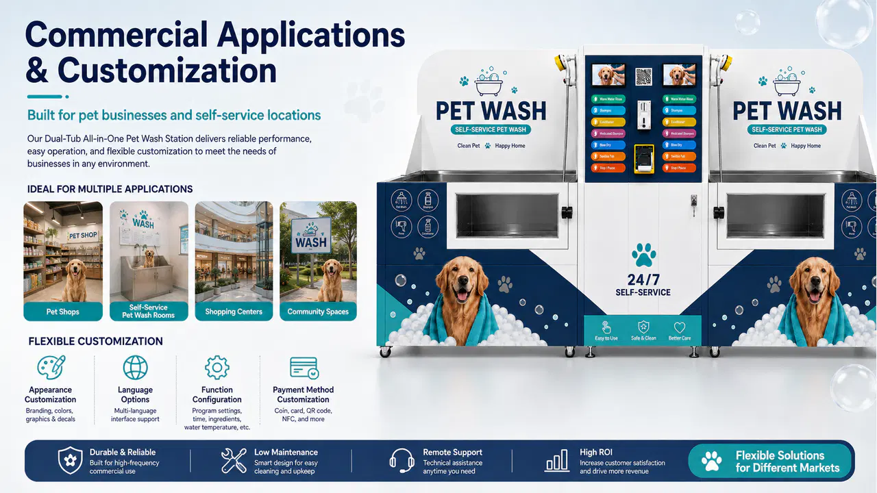 Customizable dual-tub self-service pet wash station for pet shops, wash rooms, malls, and communities