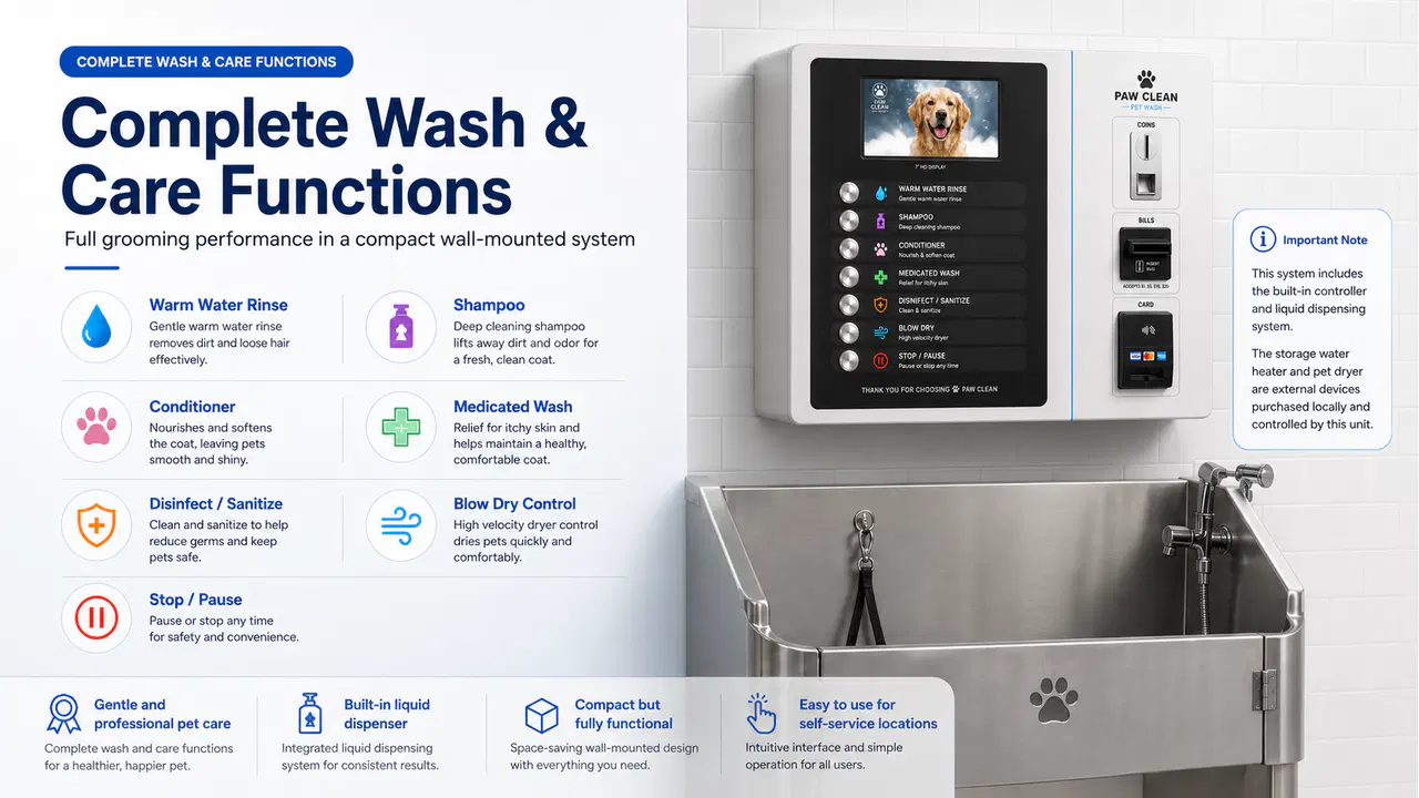 Wall-mounted self-service pet wash controller for pet shops, communities, wash rooms, and shopping centers