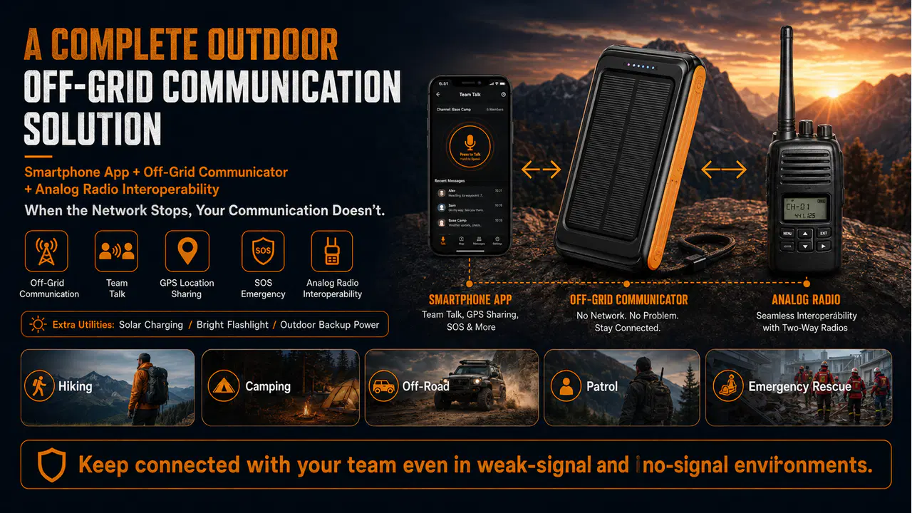 Smartphone app, solar off-grid communicator, and analog radio used as an outdoor team communication solution