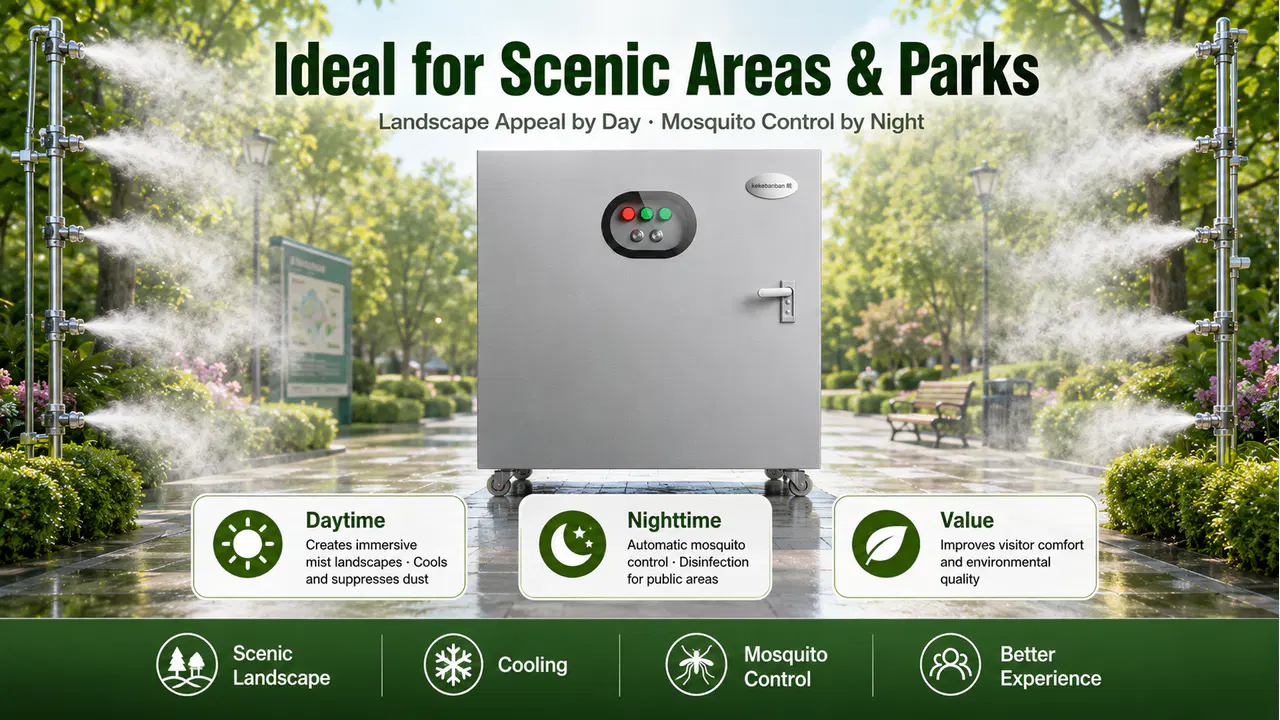 High-pressure misting station deployed along a landscaped park walkway for planned daytime and nighttime programs