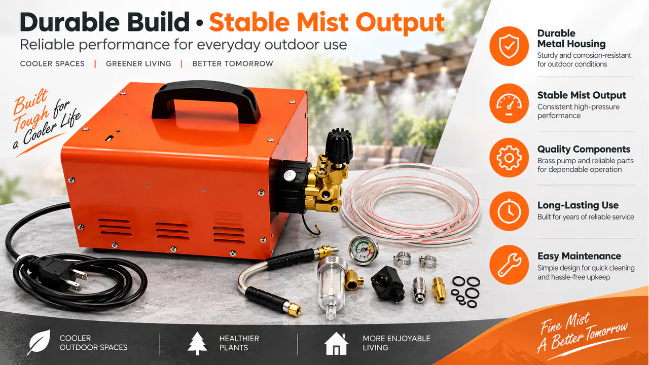 Portable high-pressure misting machine shown across multiple outdoor application scenarios