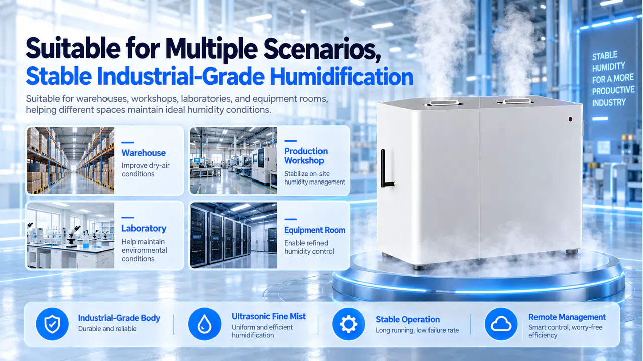 Cloud dashboard managing multiple industrial humidifiers and real-time humidity data