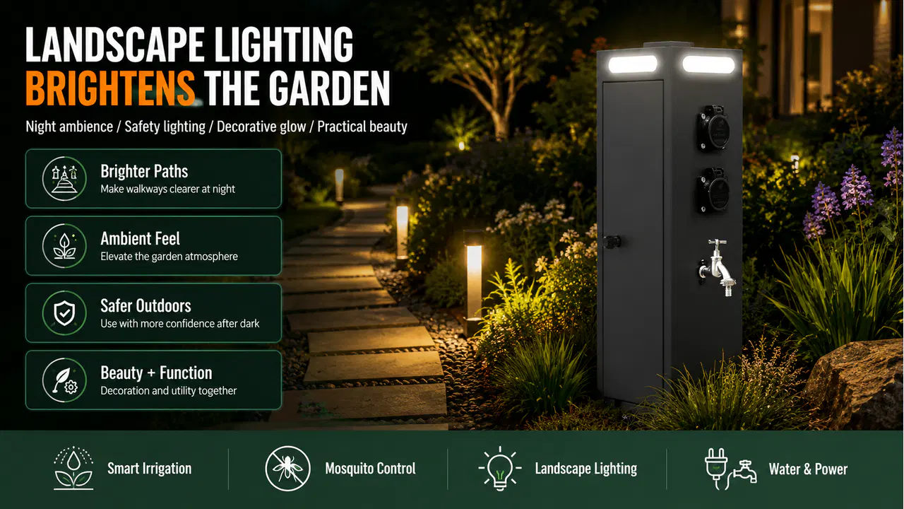 Smart outdoor post with integrated lights illuminating a garden path and surrounding landscape