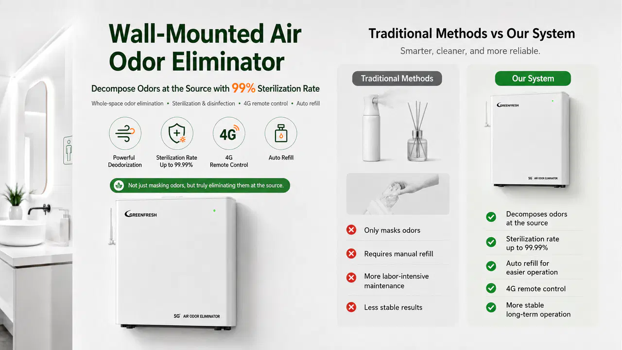 Mobile 4G control interface for a wall-mounted air deodorizer showing status, schedule, and fault alerts