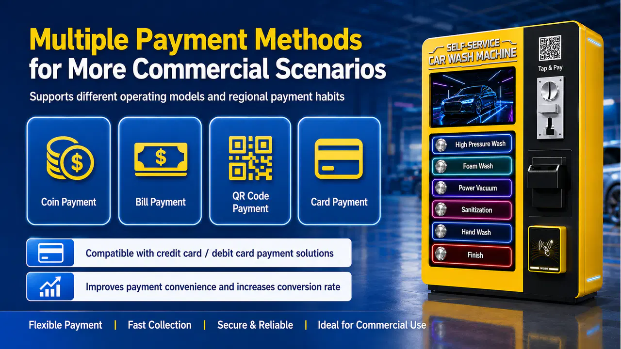 Coin, bill, QR-code and card payment options for the car wash machine