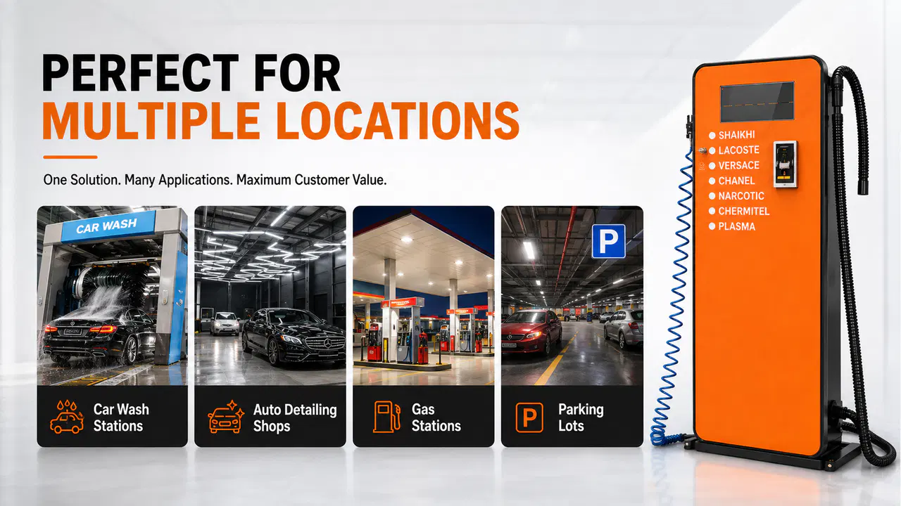 Commercial application locations for a self-service car fragrance machine
