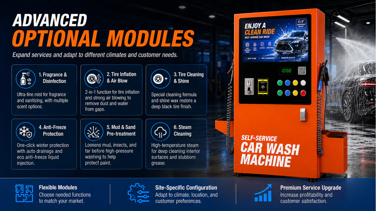 Advanced optional service modules for the large-screen car wash machine