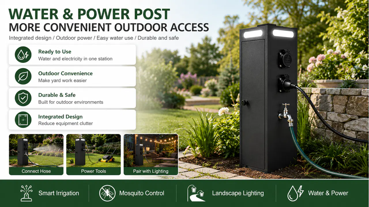 Outdoor water and power post connected to a garden hose and electrical tool in a landscaped yard