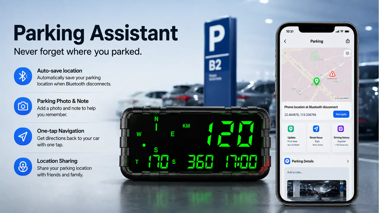 Bluetooth parking assistant with saved location and navigation