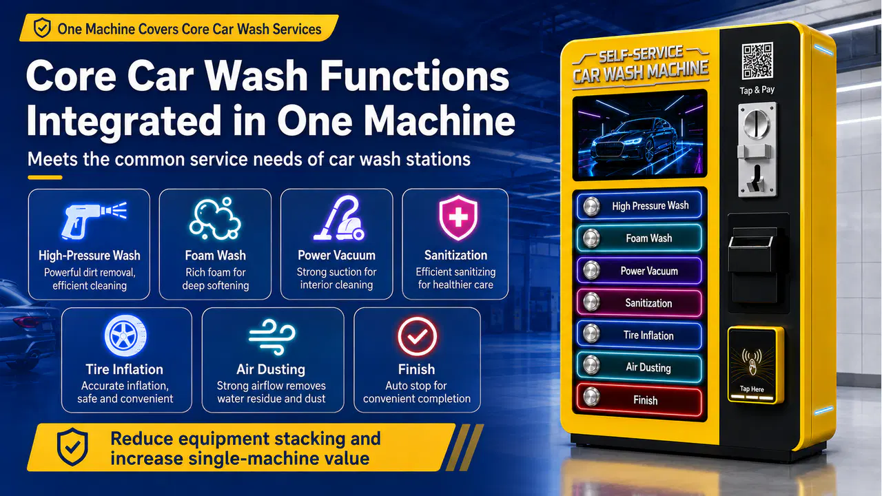 Integrated core car wash functions in one wall-mounted machine