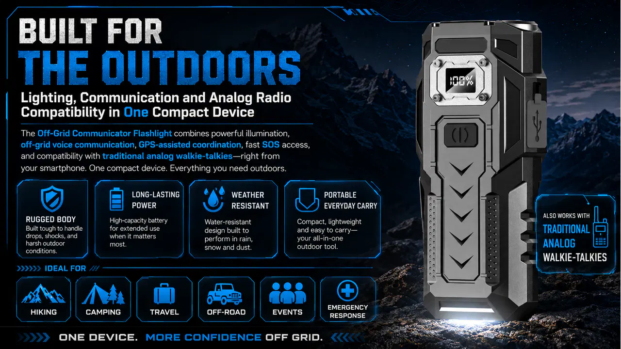 Portable communicator flashlight for hiking, camping, travel, off-road, events, and emergency-response use