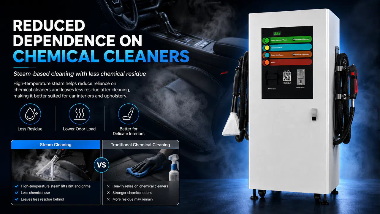 Steam cleaning comparison highlighting reduced chemical cleaner dependence