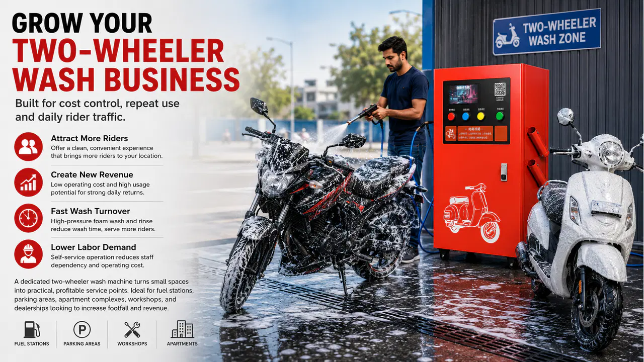 Rider using a self-service wash station to clean motorcycles