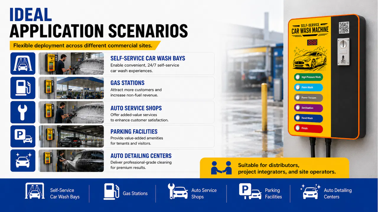 Commercial application scenarios for a wall-mounted self-service car wash machine