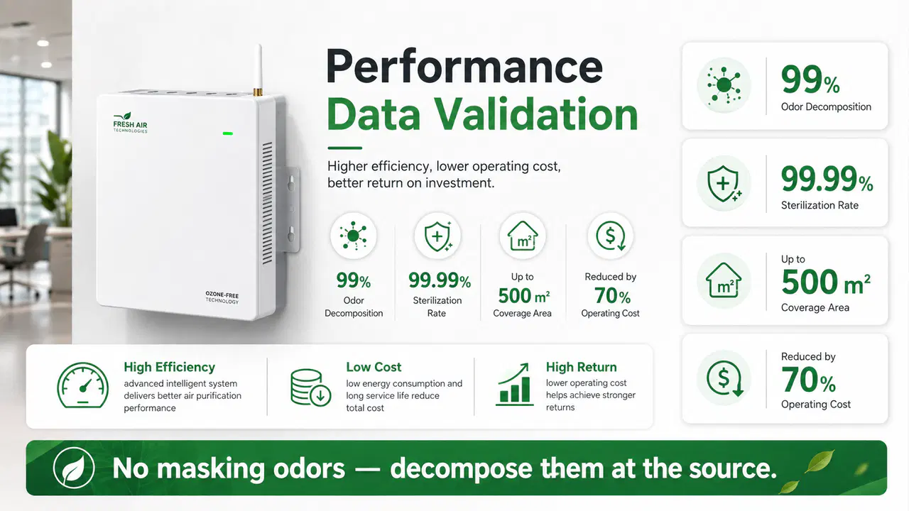 Wall-mounted air deodorizer used across public restrooms, waste stations, livestock facilities, pet hospitals, and kitchens