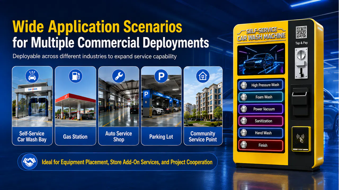 Commercial deployment scenarios for the wall-mounted self-service car wash machine