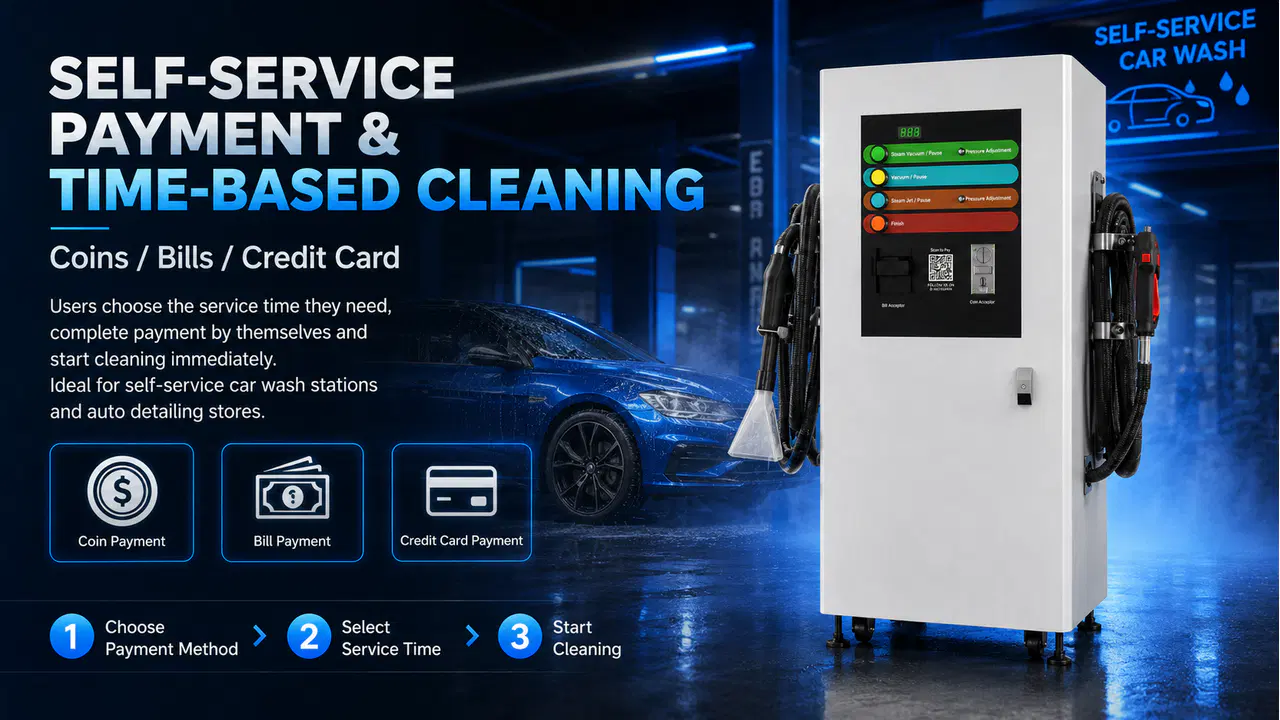 Self-service steam cleaning machine with coin, bill, and credit-card payment options
