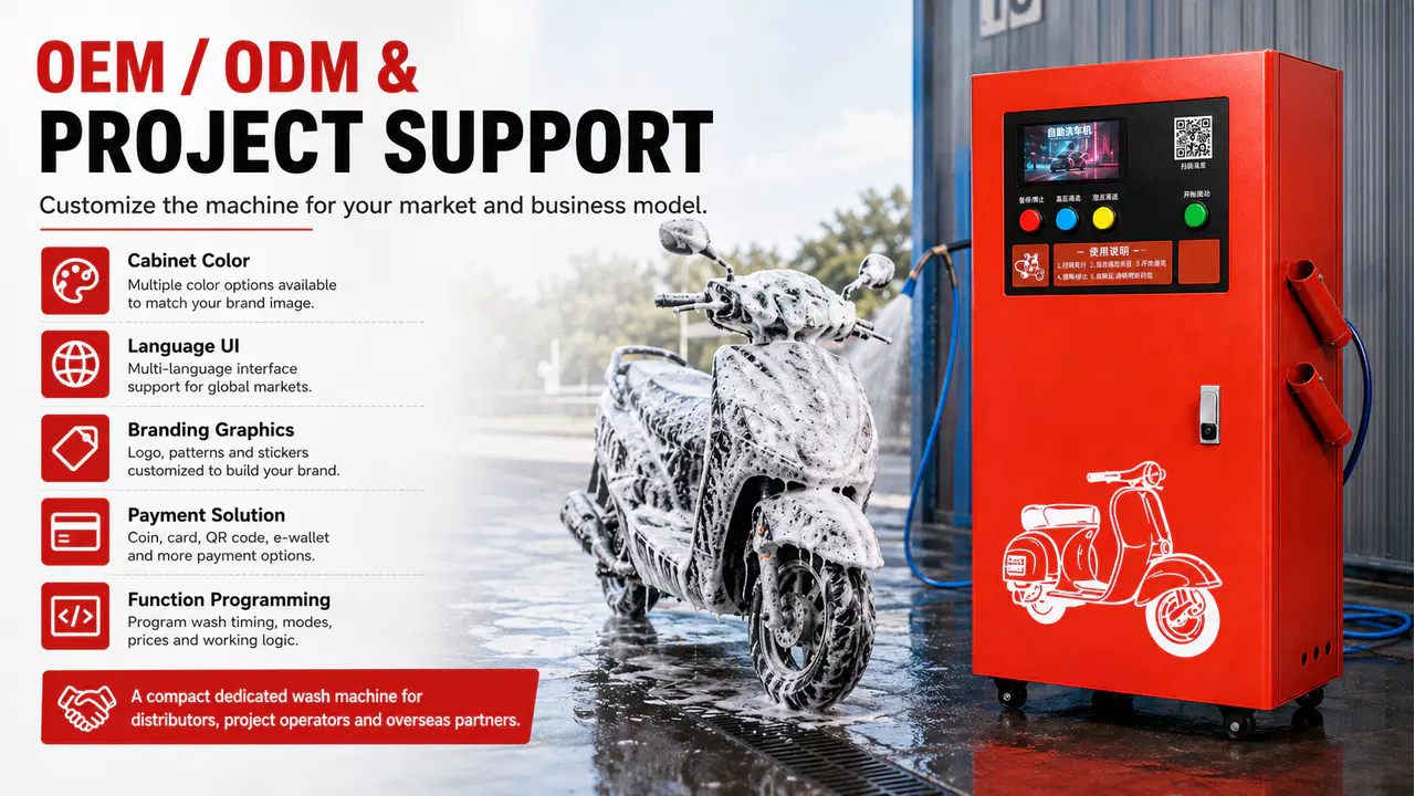Customizable red self-service two-wheeler wash machine with OEM and ODM options