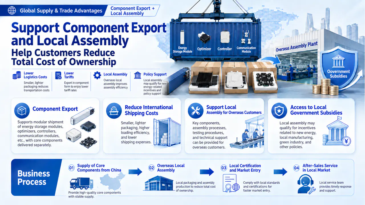 Component export and local assembly concept for distributed PV energy storage