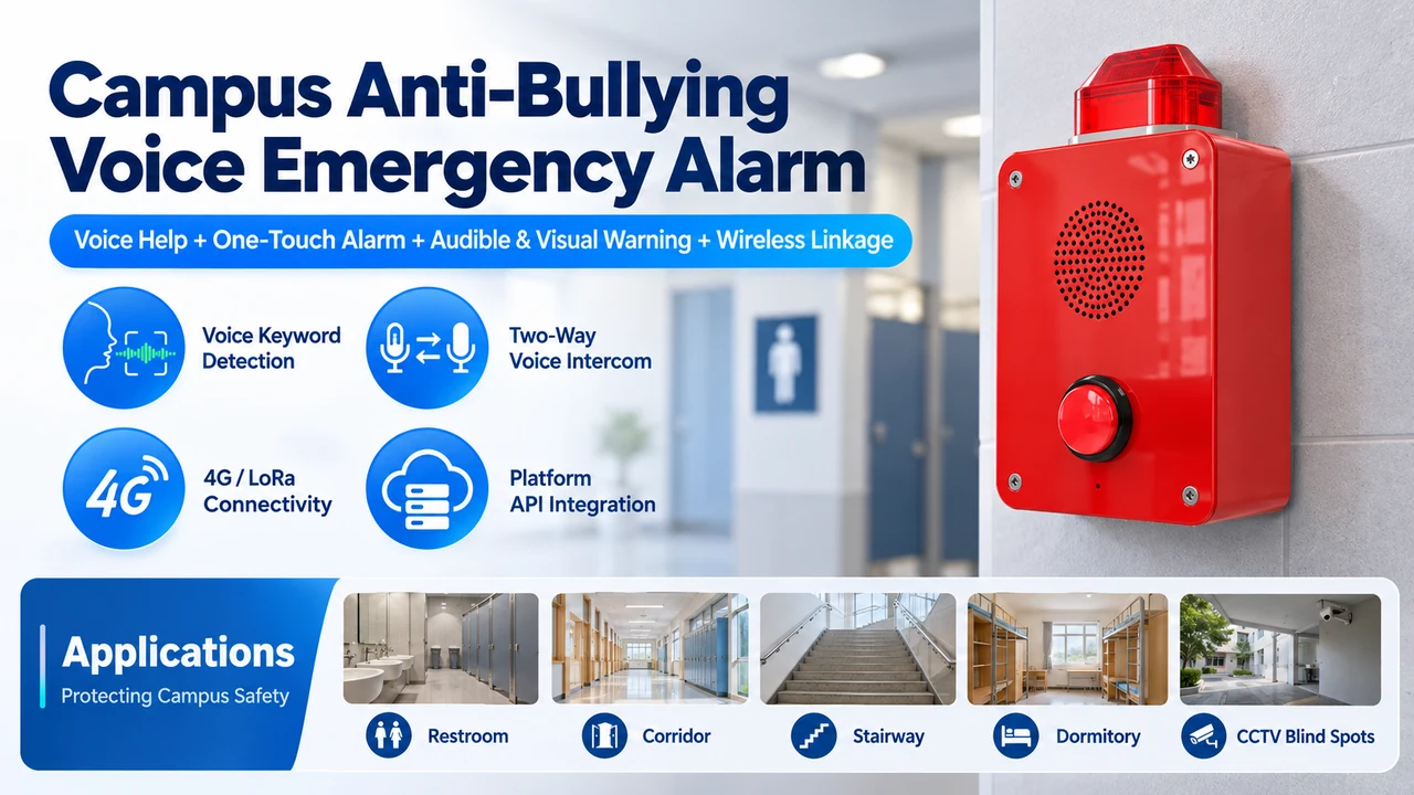 Red campus anti-bullying voice emergency alarm mounted on a wall, showing voice help, button alarm, and campus application scenes.