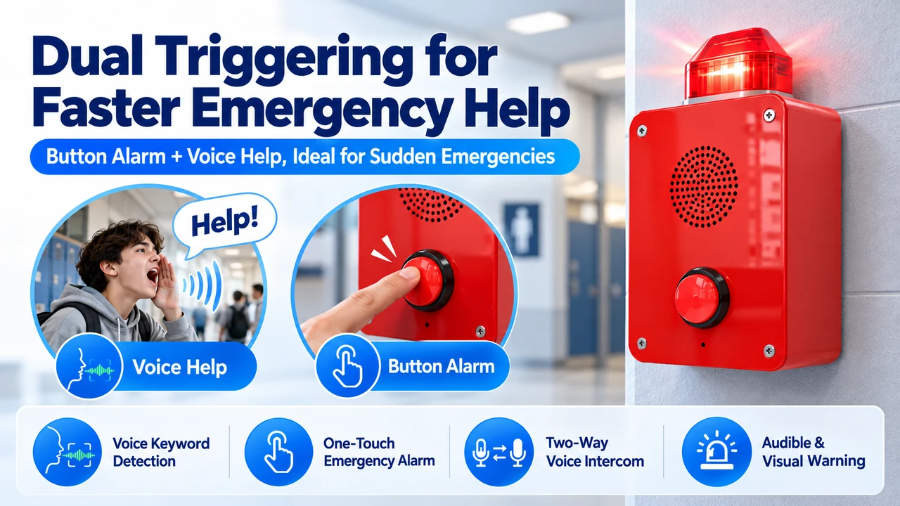 Dual-triggering emergency alarm showing voice help and one-touch button activation for campus emergencies.