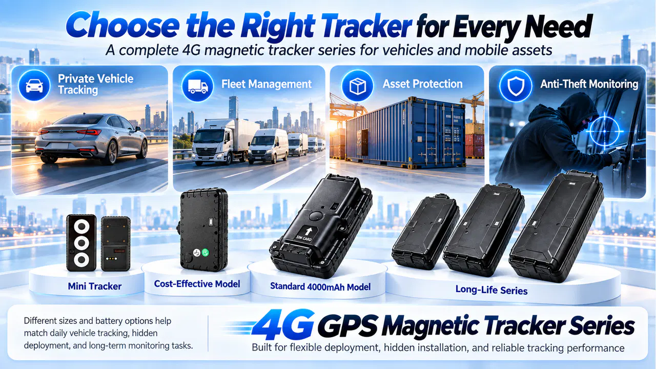 4G magnetic GPS tracker series concepts shown with vehicle, fleet and asset use cases