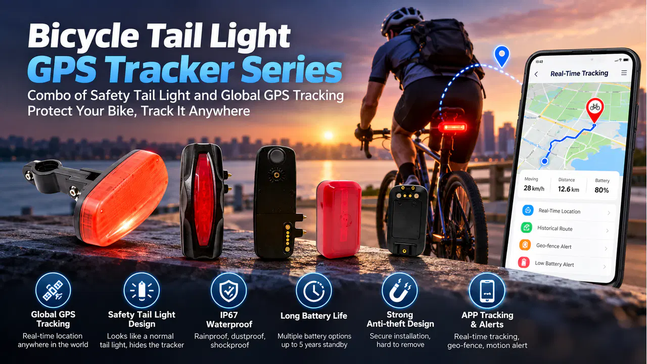 Bicycle rear-light GPS tracker series concepts shown on a bicycle