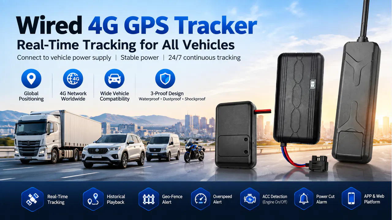 Wired 4G GPS vehicle tracker series concepts shown with vehicle and fleet use cases