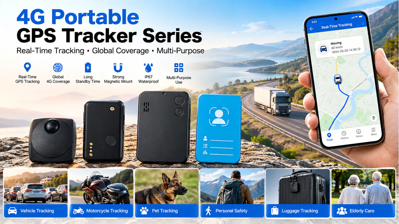 Portable 4G GPS tracker series concepts shown with several device formats and use cases