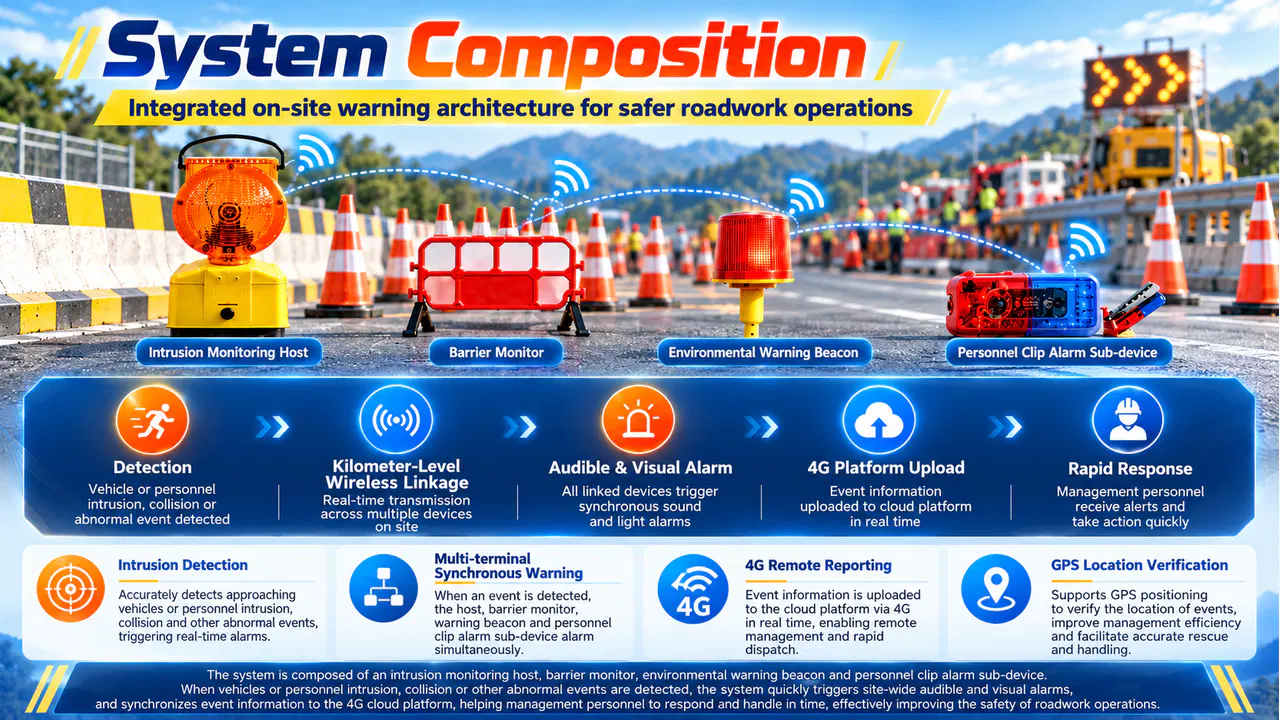 Illustration of a roadside host unit, wearable alert devices and warning beacons for a temporary work zone