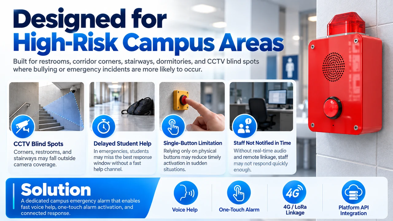Campus anti-bullying emergency alarm shown with high-risk campus application scenarios and problem-solving context.