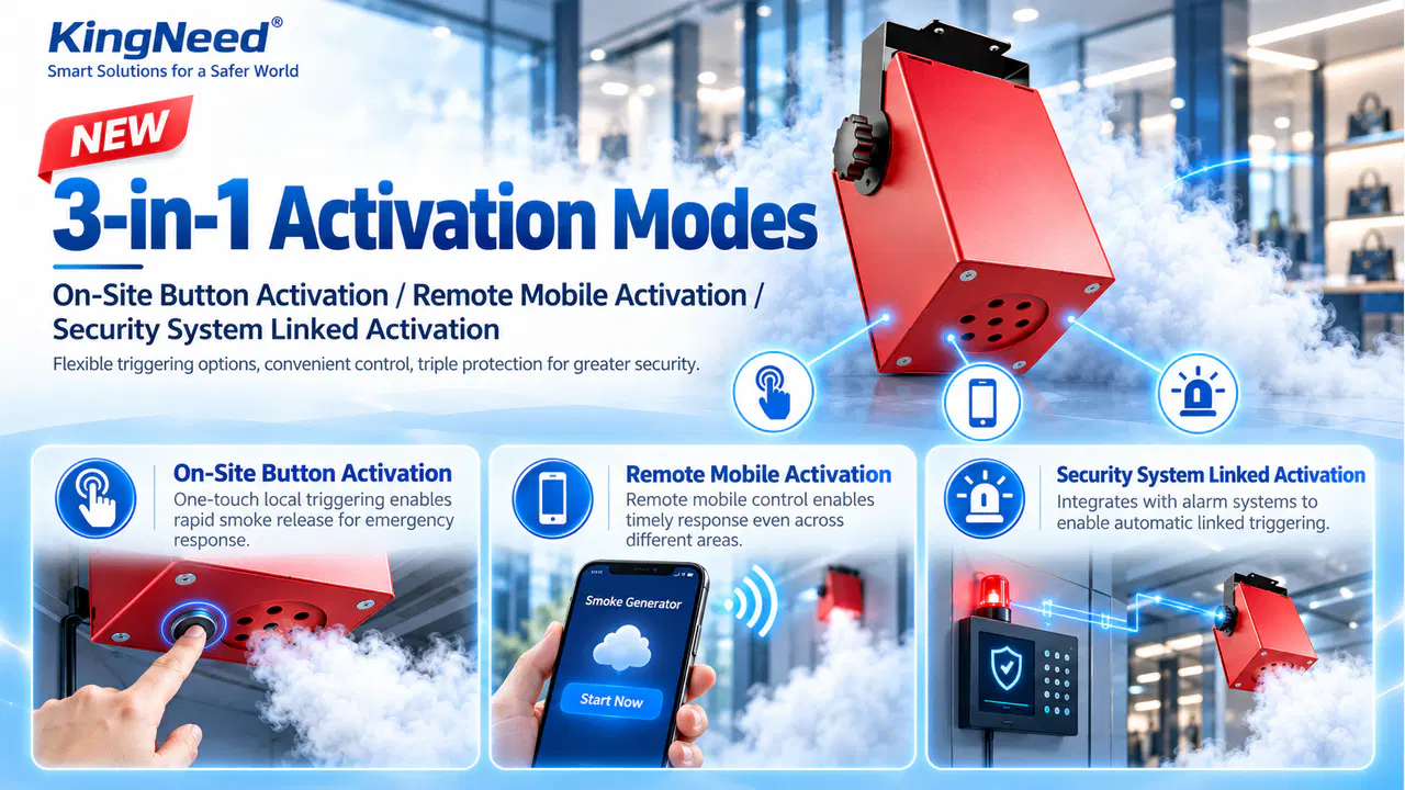 Illustrated smoke-generator activation options including local button, mobile control and security-system linkage