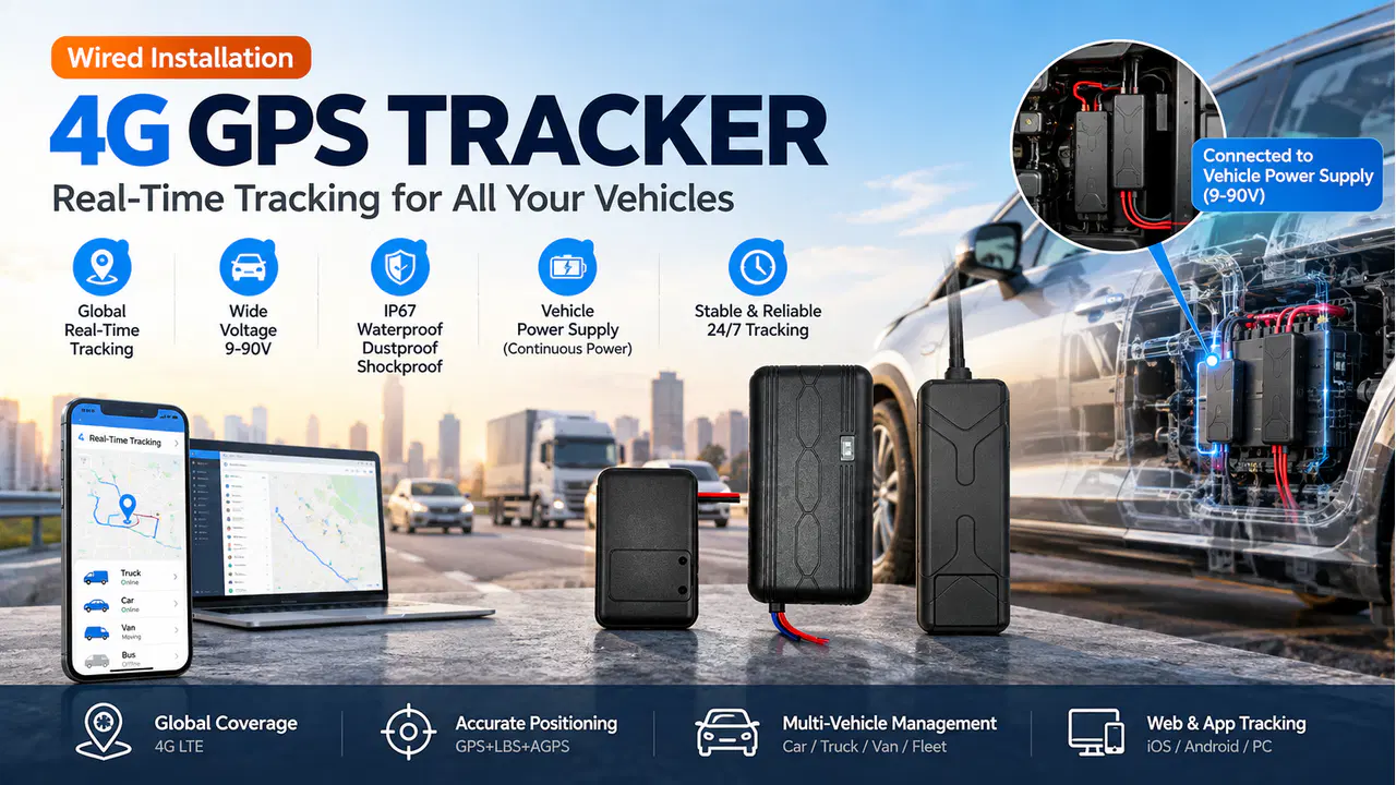 Wired GPS tracker installation concept connected to a vehicle electrical system
