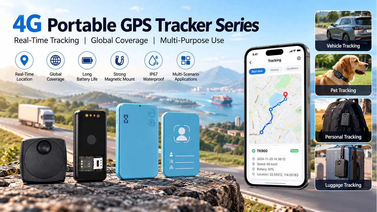 Illustrative mobile tracking screens accompanying portable GPS tracker concepts